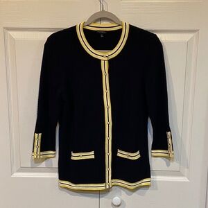 Talbots Navy Blue Women's‎ Knit Cardigan w/Pearl Buttons Three Color Trim MEDIUM